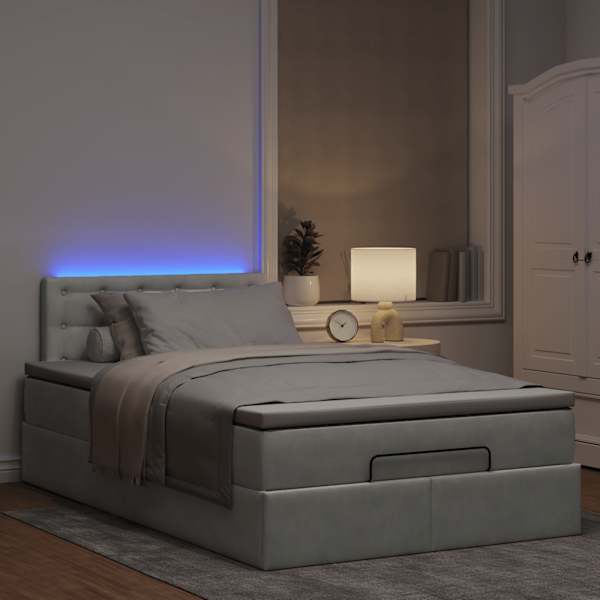LED-valgustusega voodiraam peatsiga koos madratsiga, helehall, 120 × 190 cm, samet — mudel 3312752