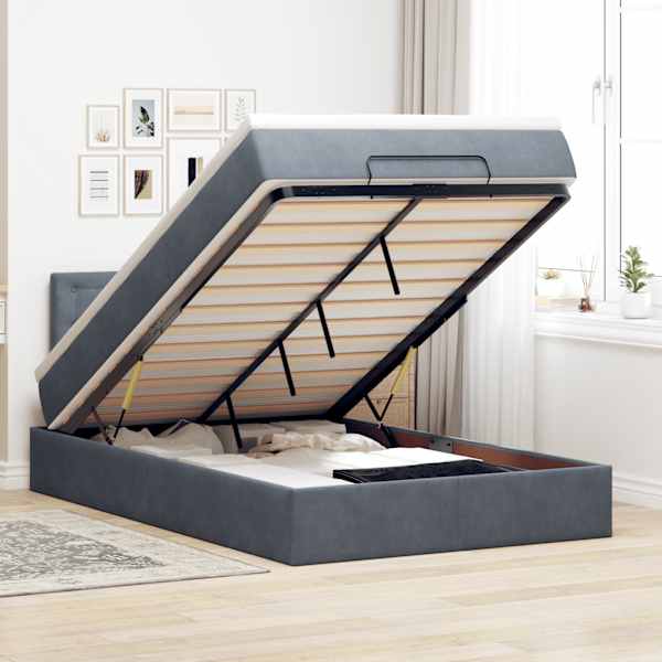 LED-valgustusega voodiraam peatsiga koos madratsiga, tumehall, 120 × 190 cm, samet — mudel 3312753