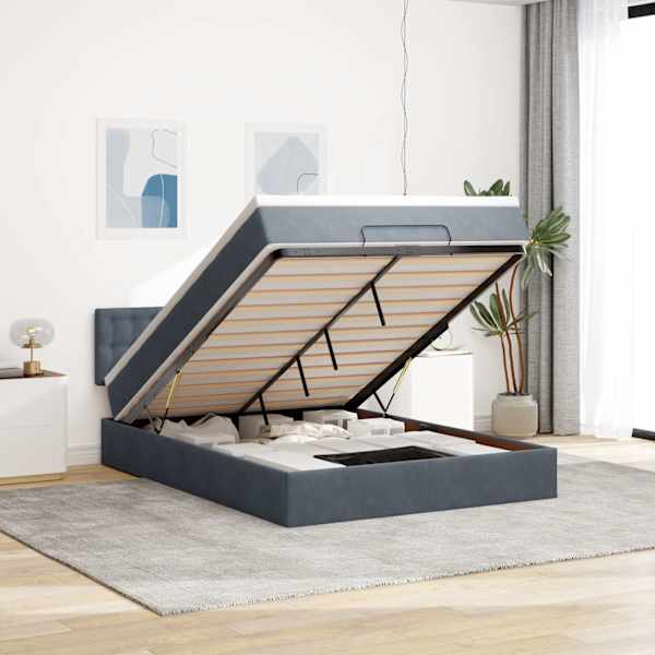 LED-valgustusega voodiraam peatsiga koos madratsiga, tumehall, 140 × 190 cm, samet — mudel 3312765