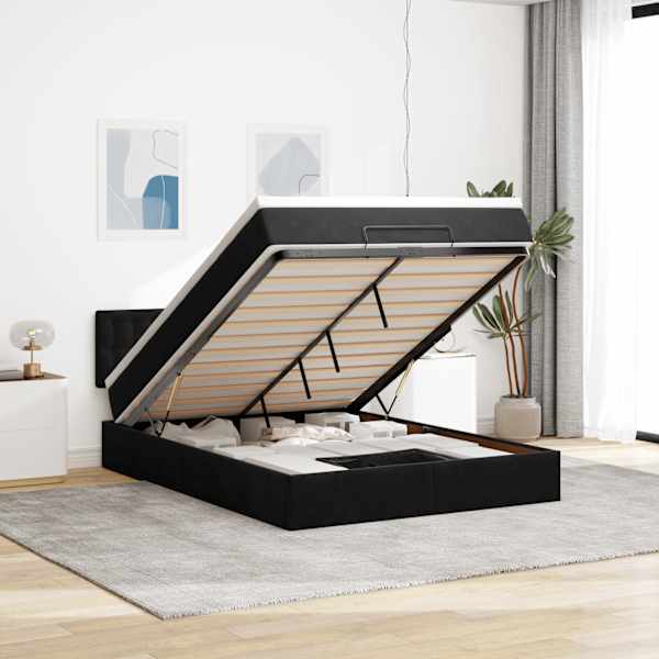 LED-valgustusega voodiraam peatsiga koos madratsiga, must, 140 × 190 cm, samet — mudel 3312766