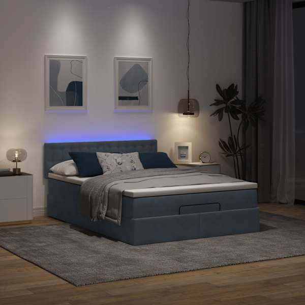 LED-valgustusega voodiraam peatsiga koos madratsiga, tumehall, 140 × 200 cm, samet — mudel 3312771