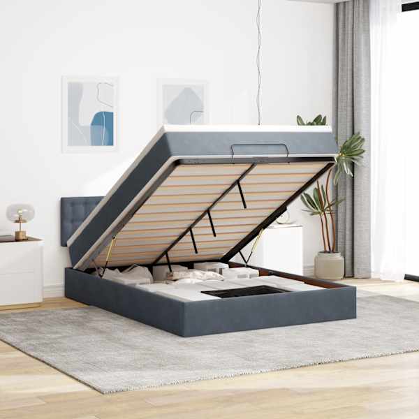 LED-valgustusega voodiraam peatsiga koos madratsiga, tumehall, 140 × 200 cm, samet — mudel 3312771