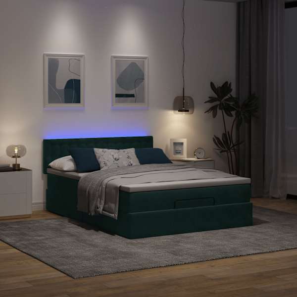 LED-valgustusega voodiraam peatsiga koos madratsiga, tumeroheline, 140 × 200 cm, samet — mudel 3312773