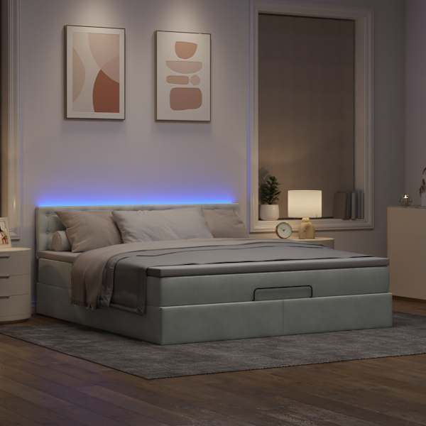LED-valgustusega voodiraam peatsiga koos madratsiga, helehall, 180 × 200 cm, samet — mudel 3312782