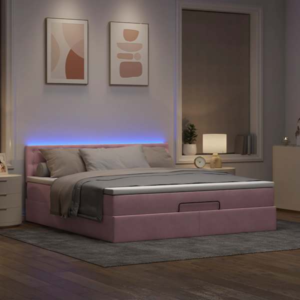 LED-valgustusega voodiraam peatsiga koos madratsiga, roosa, 180 × 200 cm, samet — mudel 3312787