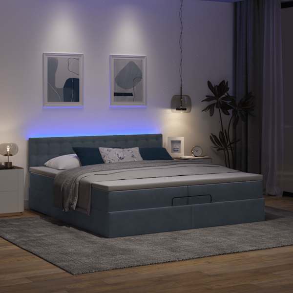 LED-valgustusega voodiraam peatsiga koos 2 madratsiga, tumehall, 200 × 200 cm, samet — mudel 3312789