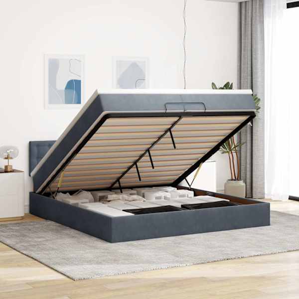 LED-valgustusega voodiraam peatsiga koos 2 madratsiga, tumehall, 200 × 200 cm, samet — mudel 3312789