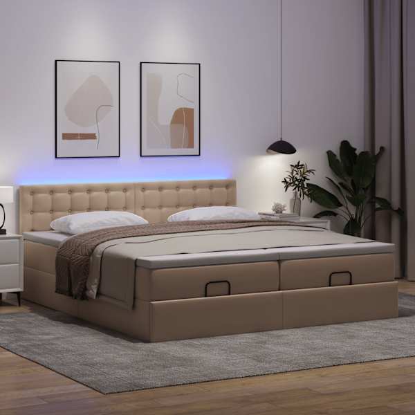 LED-valgustusega voodiraam peatsiga koos 2 madratsiga, 2 voodiraami, cappuccino, 200 × 200 cm, kunstnahk — mudel 3312814