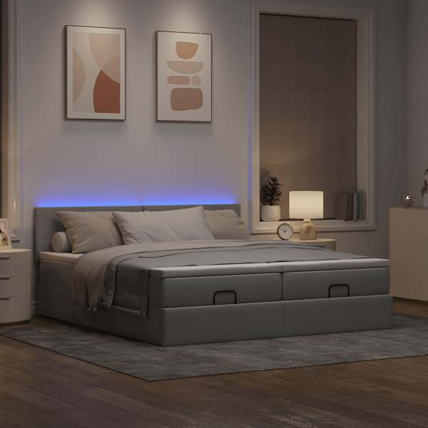 LED-valgustusega voodiraam peatsiga koos 2 madratsiga, 2 voodiraami, helehall, 160 × 200 cm, kangas