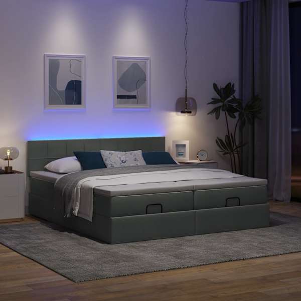 LED-valgustusega voodiraam peatsiga koos 2 madratsiga, 2 voodiraami, tumehall, 200 × 200 cm, kangas — mudel 3312851