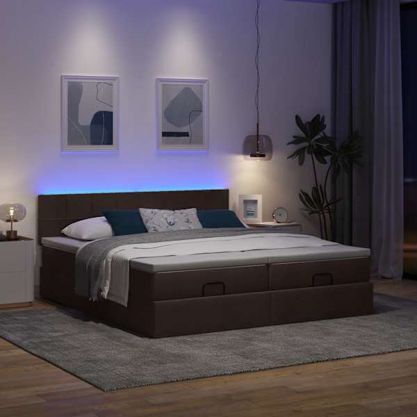 LED-valgustusega voodiraam peatsiga koos 2 madratsiga, 2 voodiraami, tumepruun, 200 × 200 cm, kangas — mudel 3312853