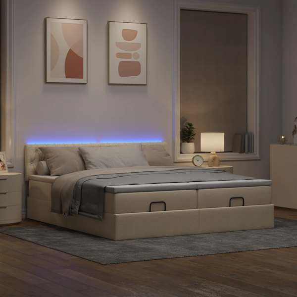 LED-valgustusega voodiraam peatsiga koos 2 madratsiga, 2 voodiraami, kreemjasvalge, 160 × 200 cm, kangas — mudel 3312862