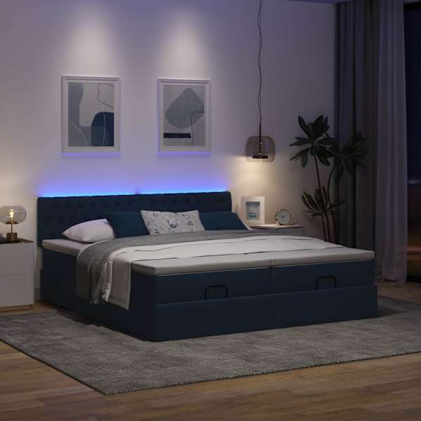LED-valgustusega voodiraam peatsiga koos 2 madratsiga, 2 voodiraami, sinine, 160 × 200 cm, kangas — mudel 3312863
