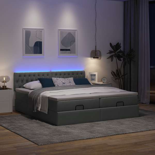 LED-valgustusega voodiraam peatsiga koos 2 madratsiga, 2 voodiraami, tumehall, 180 × 200 cm, kangas — mudel 3312865