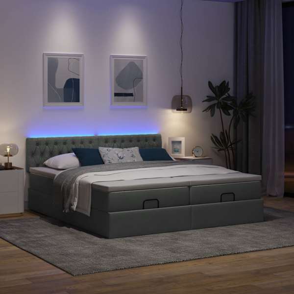 LED-valgustusega voodiraam peatsiga koos 2 madratsiga, 2 voodiraami, tumehall, 200 × 200 cm, kangas — mudel 3312872