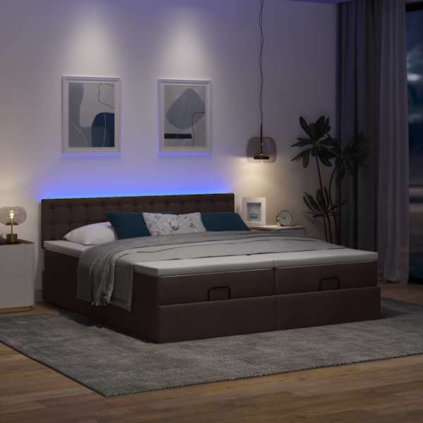 LED-valgustusega voodiraam peatsiga koos 2 madratsiga, 2 voodiraami, tumepruun, 200 × 200 cm, kangas — mudel 3312895
