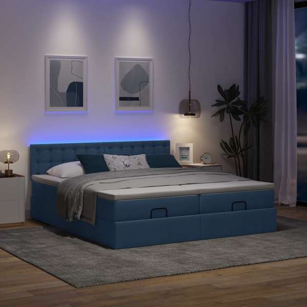 LED-valgustusega voodiraam peatsiga koos 2 madratsiga, 2 voodiraami, sinine, 200 × 200 cm, kangas — mudel 3312898