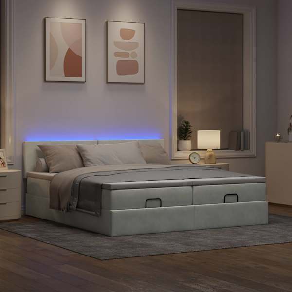 LED-valgustusega voodiraam peatsiga koos 2 madratsiga, 2 voodiraami, helehall, 200 × 200 cm, samet — mudel 3312911