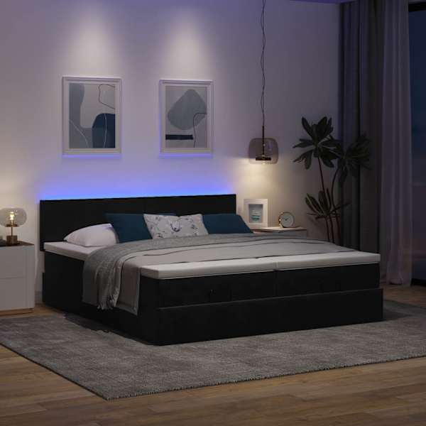 LED-valgustusega voodiraam peatsiga koos 2 madratsiga, 2 voodiraami, must, 200 × 200 cm, samet — mudel 3312913