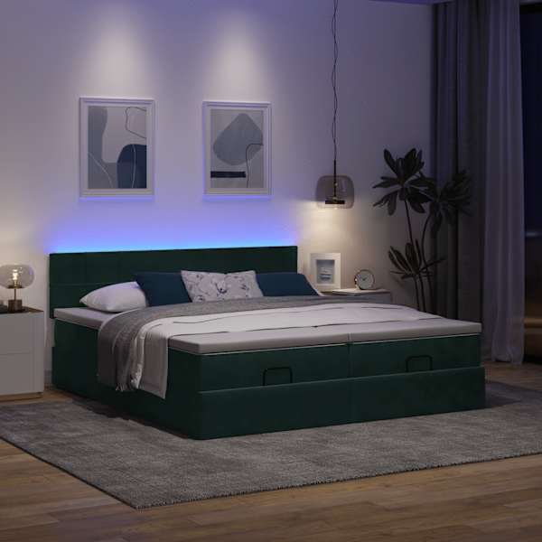 LED-valgustusega voodiraam peatsiga koos 2 madratsiga, 2 voodiraami, tumeroheline, 180 × 200 cm, samet — mudel 3312926