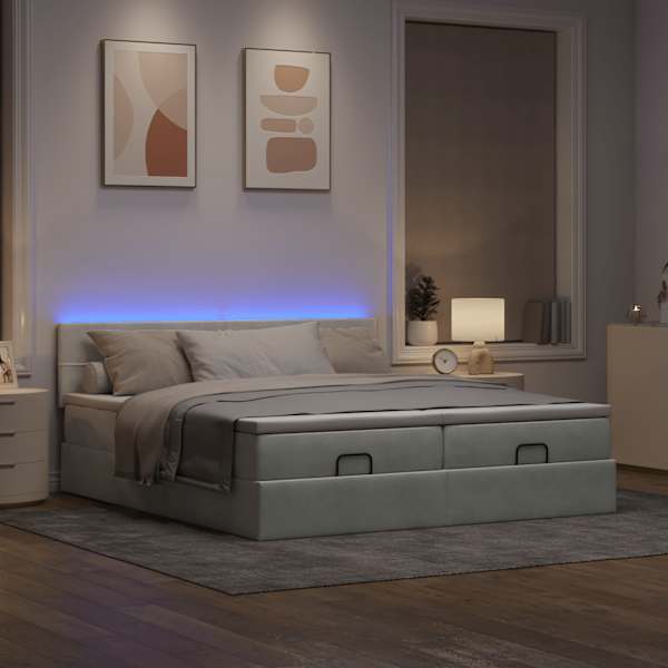 LED-valgustusega voodiraam peatsiga koos 2 madratsiga, 2 voodiraami, helehall, 200 × 200 cm, samet — mudel 3312929