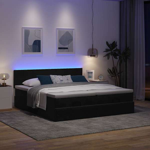 LED-valgustusega voodiraam peatsiga koos 2 madratsiga, 2 voodiraami, must, 200 × 200 cm, samet — mudel 3312931