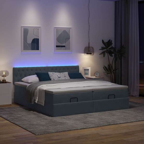 LED-valgustusega voodiraam peatsiga koos 2 madratsiga, 2 voodiraami, tumehall, 160 × 200 cm, samet