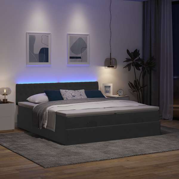 LED-valgustusega voodiraam peatsiga koos 2 madratsiga, 2 voodiraami, must, 180 × 200 cm, samet — mudel 3312943