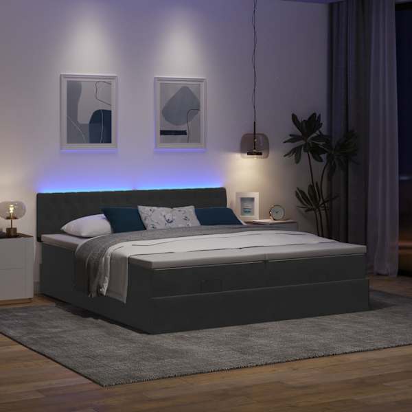 LED-valgustusega voodiraam peatsiga koos 2 madratsiga, 2 voodiraami, must, 200 × 200 cm, samet — mudel 3312949