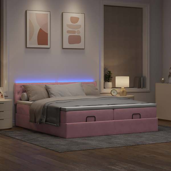 LED-valgustusega voodiraam peatsiga koos 2 madratsiga, 2 voodiraami, roosa, 200 × 200 cm, samet — mudel 3312952