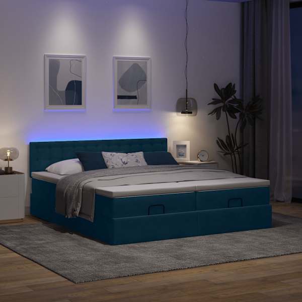 LED-valgustusega voodiraam peatsiga koos 2 madratsiga, 2 voodiraami, tumesinine, 160 × 200 cm, samet