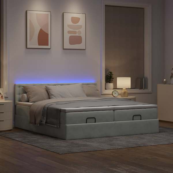 LED-valgustusega voodiraam peatsiga koos 2 madratsiga, 2 voodiraami, helehall, 180 × 200 cm, samet — mudel 3312959