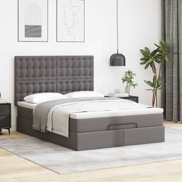 Voodiraam peatsiga koos madratsiga, hall, 140 × 200 cm, kunstnahk — mudel 3313009