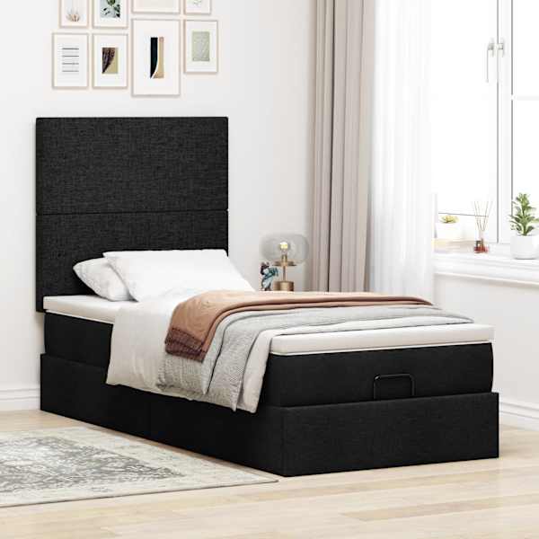 Voodiraam peatsiga koos madratsiga, must, 90 × 190 cm, kangas — mudel 3313038