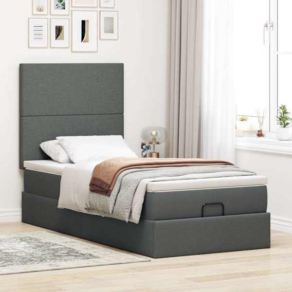 Voodiraam peatsiga koos madratsiga, tumehall, 90 × 200 cm, kangas — mudel 3313044