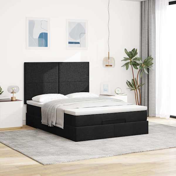 Voodiraam peatsiga koos madratsiga, must, 140 × 200 cm, kangas — mudel 3313080