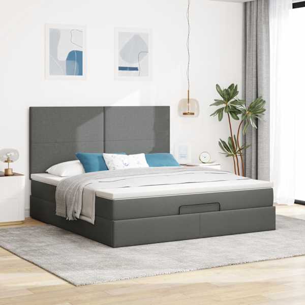 Voodiraam peatsiga koos madratsiga, tumehall, 160 × 200 cm, kangas — mudel 3313086