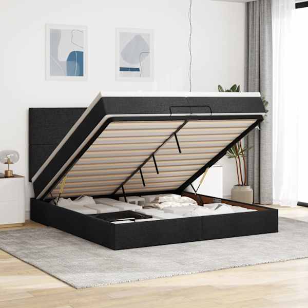 Voodiraam peatsiga koos 2 madratsiga, must, 200 × 200 cm, kangas — mudel 3313101
