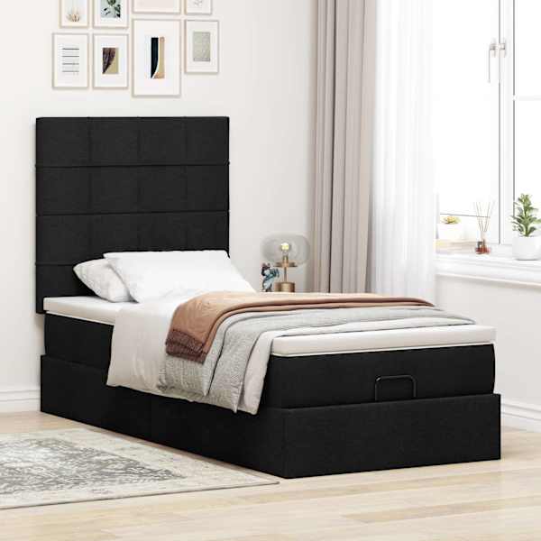 Voodiraam peatsiga koos madratsiga, must, 90 × 190 cm, kangas — mudel 3313121