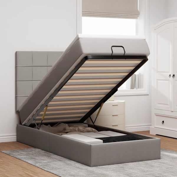 Voodiraam peatsiga koos madratsiga, pruunikashall, 90 × 190 cm, kangas — mudel 3313123