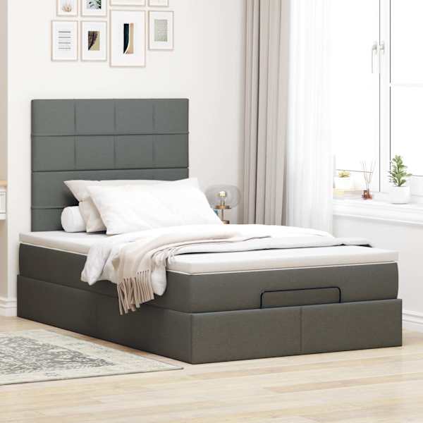 Voodiraam peatsiga koos madratsiga, tumehall, 120 × 190 cm, kangas — mudel 3313141