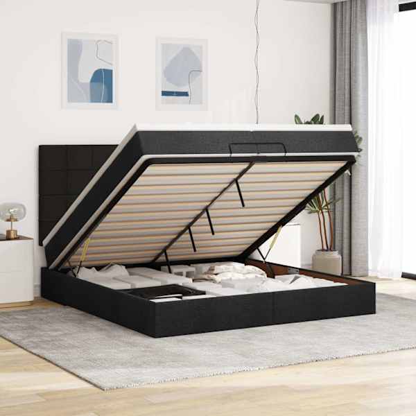 Voodiraam peatsiga koos 2 madratsiga, must, 200 × 200 cm, kangas — mudel 3313184