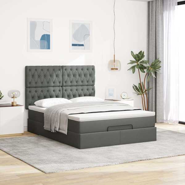 Voodiraam peatsiga koos madratsiga, tumehall, 140 × 190 cm, kangas — mudel 3313238