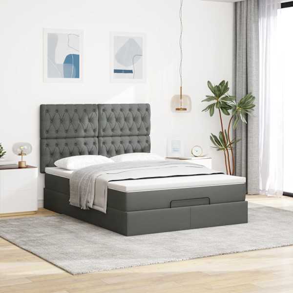Voodiraam peatsiga koos madratsiga, tumehall, 140 × 200 cm, kangas — mudel 3313245