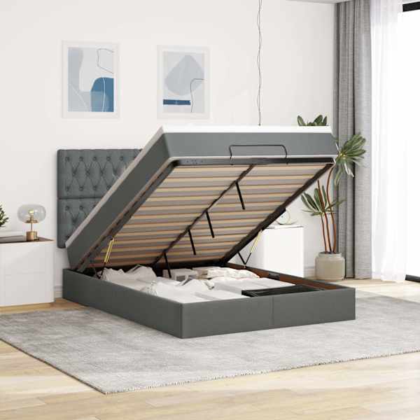 Voodiraam peatsiga koos madratsiga, tumehall, 140 × 200 cm, kangas — mudel 3313245