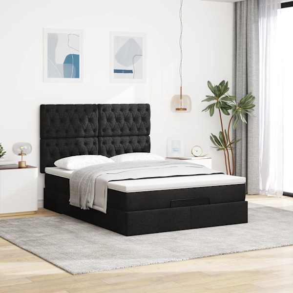 Voodiraam peatsiga koos madratsiga, must, 140 × 200 cm, kangas — mudel 3313246