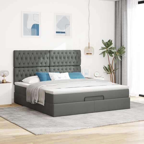 Voodiraam peatsiga koos madratsiga, tumehall, 160 × 200 cm, kangas — mudel 3313252