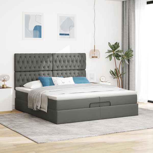 Voodiraam peatsiga koos 2 madratsiga, tumehall, 200 × 200 cm, kangas — mudel 3313266