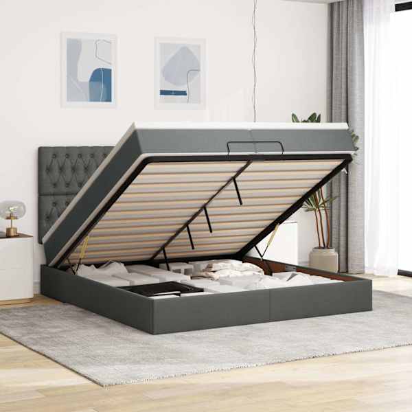 Voodiraam peatsiga koos 2 madratsiga, tumehall, 200 × 200 cm, kangas — mudel 3313266