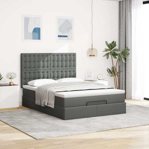 Voodiraam peatsiga koos madratsiga, tumehall, 140 × 190 cm, kangas — mudel 3313321